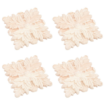 Natural Solid Wood Carved Onlay Applique Craft, Unpainted Onlay Furniture Home Decoration, Square with Flower