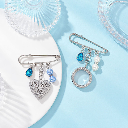 2Pcs 2 Styles Iron Safety Pins, 304 Stainless Steel Diffuser Locket & Alloy Crystal Rhinestone Locket Pendants Brooches, Flat Round & Heart, with Glass Pearl Beads & Glass