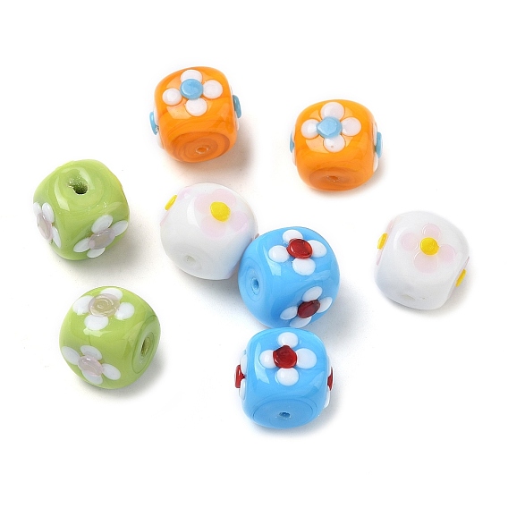 Эмалевые бусины ручной работы в технике лэмпворк, бусины ручной работы, Кубик с цветком