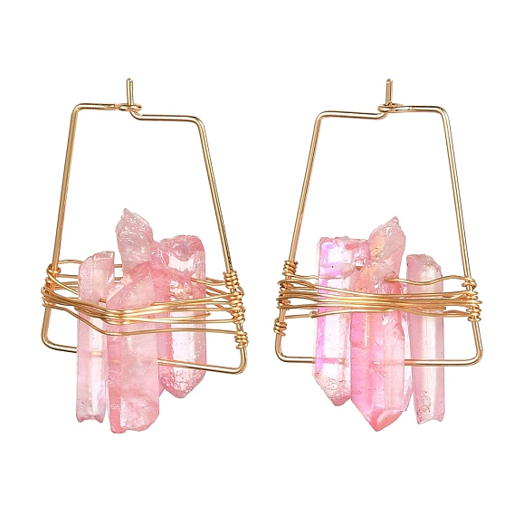 Electroplated Natural Quartz Wire Wrapped Earrings for Girl Women, Golden Trapezoid Brass Hoop Earrings