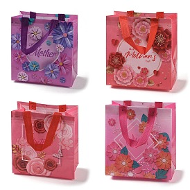 Mother's Day Theme Printed Flower Non-Woven Reusable Folding Gift Bags with Handle, Portable Waterproof Shopping Bag for Gift Wrapping, Rectangle