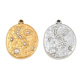 304 Pendentifs en acier inoxydable ornés de strass en cristal et de perles en plastique, ovale martelé avec des breloques œil protecteur, lune et étoile
