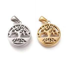 Ion Plating(IP) 304 Stainless Steel Pendants, Manual Polishing, Flat Round with Hollow Tree of Life