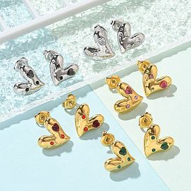 Ion Plating(IP) 304 Stainless Steel Stud Earrings, with Rhinestone, Heart