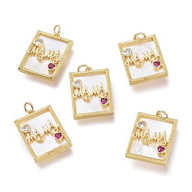 Micro cuivres ouvrent pendentifs zircone cubique, pour la fête des mères, avec coque naturelle et anneaux de saut, plaqué longue durée, rectangle avec coeur et mot maman