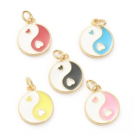 Brass Enamel Pendants, Long-Lasting Plated, Real 18K Gold Plated, Flat Round with Heart
