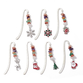 Christmas Theme Alloy Hook Bookmarks, Chakra Natural Quartz Crystal & Sunstone & Red Jasper & Green Aventurine & Red Aventurine & South Red Agate & Amethyst Chips & Alloy Enamel Charm Bookmarks