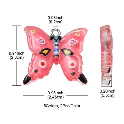 10Pcs 5 Colors Translucent Resin Pendants, with Platinum Tone Iron Loops, Butterfly Charms