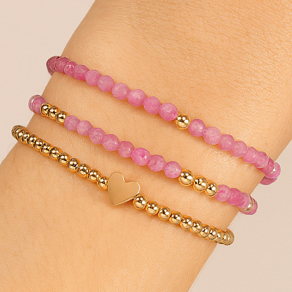 Женские эластичные браслеты из круглых бусин из натуральных камней и латуни, золотые