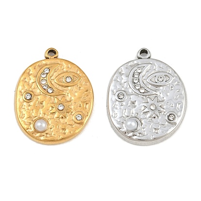304 Pendentifs en acier inoxydable ornés de strass en cristal et de perles en plastique, ovale martelé avec des breloques œil protecteur, lune et étoile