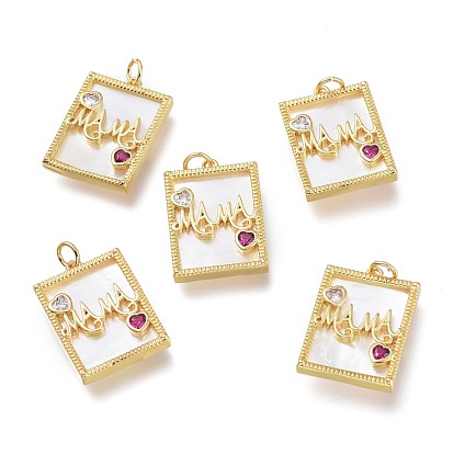 Brass Micro Pave Cubic Zirconia Pendants, for Mother's Day, with Natural Shell and Jump Rings, Long-Lasting Plated, Rectangle with Heart & Word Mama