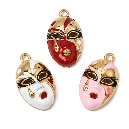 304 Stainless Steel Enamel Pendants, Masquerade Face Charm, Ion Plating(IP), Long-Lasting Plated, Real 18K Gold Plated