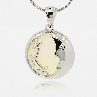 Opalite Pendants, Flat Round with Moon and Star Charms, with Brass Settings, Platinum