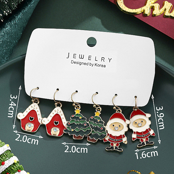 3 пары серег-подвесок из сплава и эмали с рождественской тематикой, горный хрусталь и акриловые, золотые