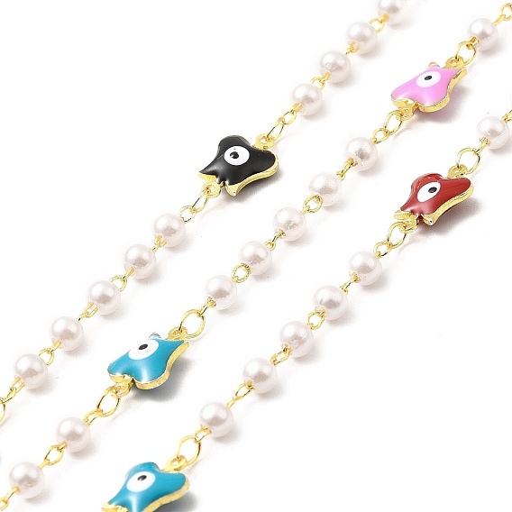 Handmade Brass Enamel Butterfly with Evil Eye Link Chain, with Glass Pearl, Soldered, with Spool, Cadmium Free & Lead Free