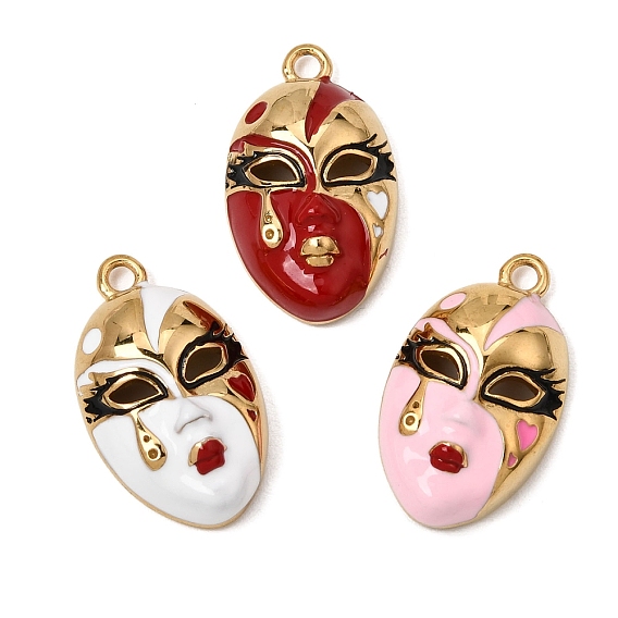 304 Stainless Steel Enamel Pendants, Masquerade Face Charm, Ion Plating(IP), Long-Lasting Plated, Real 18K Gold Plated
