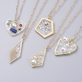 Colliers pendants en résine époxy, avec une puce de pierre gemme, coquille, abs en plastique imitation perle, Chaînes en laiton et pinces à homard, formes mixtes