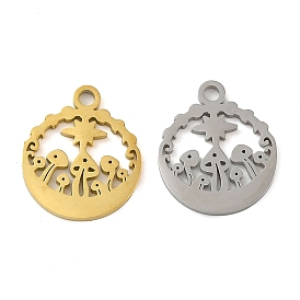 304 Stainless Steel Charms, Laser Cut, Flat Round with Mushroom Charm
