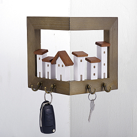 Wooden Wall-Mounted Corner Key Holder with 4 Metal Hooks, House Shape, Antique Bronze