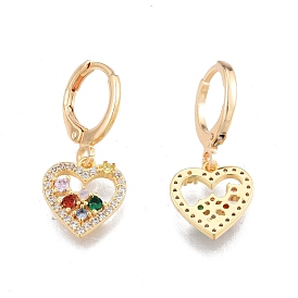 Colorful Cubic Zirconia Heart Dangle Leverback Earrings, Brass Jewelry for Women, Cadmium Free & Nickel Free & Lead Free