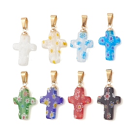 Подвески лэмпворк ручной работы, Стекло миллефиори с латунными подвесками, крест прелести, золотые