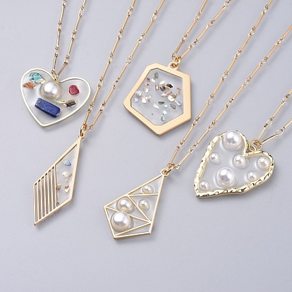 Epoxy Resin Pendant Necklaces, with Gemstone Chip, Shell, ABS Plastic Imitation Pearl, Brass Bar Link Chains and Lobster Claw Clasps, Mixed Shapes