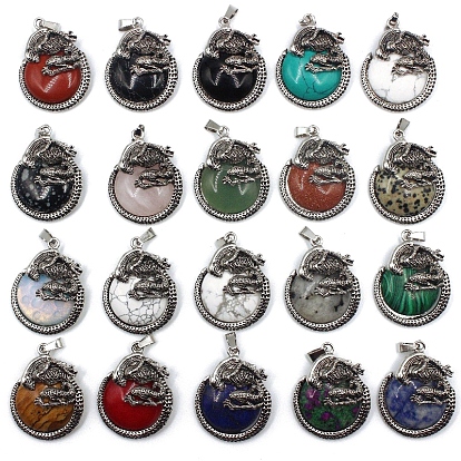 Natural & Synthetic Mixed Gemstone Pendants, with Antique Silver Alloy Finding, Flat Round with Skull Charms