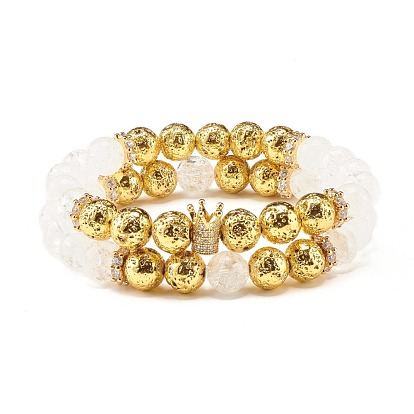 Natural Crackle Quartz & Lava Rock Round Beads Stretch Bracelets Set, Crown Brass Cubic Zirconia Beads Bracelets for Women