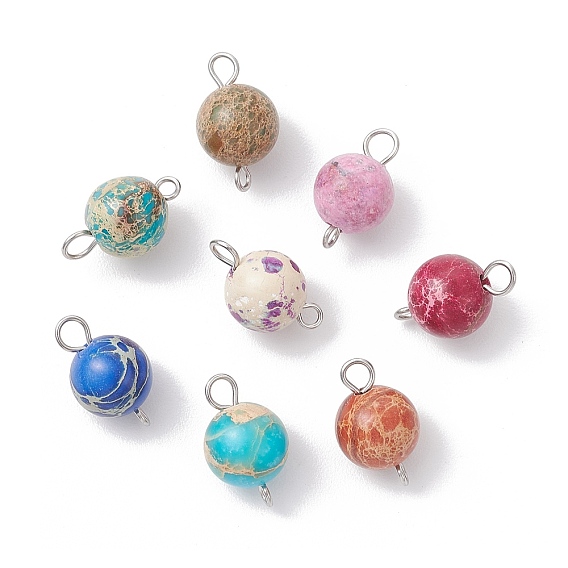 Круглые подвески-соединители из окрашенной натуральной императорской яшмы, с 304 двойными петлями из нержавеющей стали, разноцветные