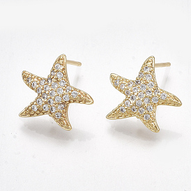 Brass Micro Pave Cubic Zirconia Stud Earring Findings, with Loop, Starfish/Sea Stars, Clear, Nickel Free