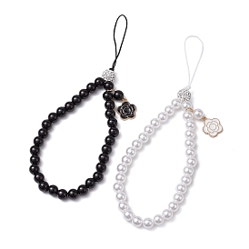 ABS Plastic Imitation Pearl with Rhinestone Beadeed Mobile Straps, with Alloy Enamel Flower Charm