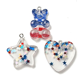 Star/Heart/Bear Independence Day Transparent Resin Pendants, with Paillettes/Glitter Powder & Platinum Plated Iron Loops, Colorful