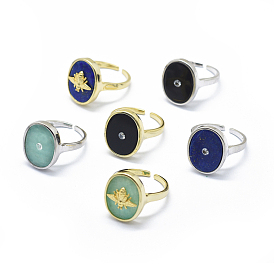 Adjustable Natural Gemstone Cuff Finger Rings, with Brass Finding/Cubic Zirconia