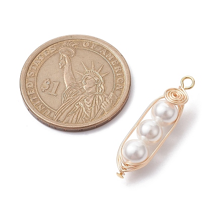 Round Shell Pearl Beaded Pendants, Golden Plated Copper Wire Wrapped Charms