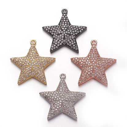 Brass Micro Pave Cubic Zirconia Pendants, Star, Clear