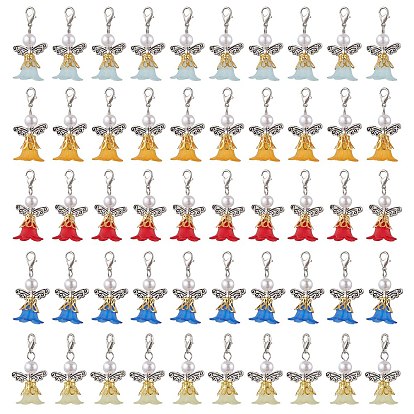 50pcs 5 couleurs ange acrylique et plastique abs imitation perle pendentif décorations, fermoirs à pinces de homard, breloques pour ornements de sacs