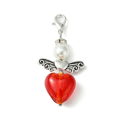 Heart Angel Glass Pendant Decorations, with Alloy Lobster Claw Clasps