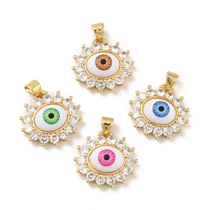 Brass Micro Pave Cubic Zirconia Pendants, with Acrylic, Cadmium Free & Lead Free, Long-Lasting Plated, Evil Eye, Real 18K Gold Plated