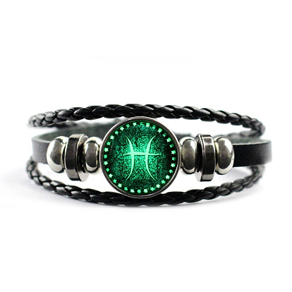 Leather Cord Triple Layer Multi-strand Bracelet, Luminous Glow in the Dark Alloy Constellation Beaded Bracelet