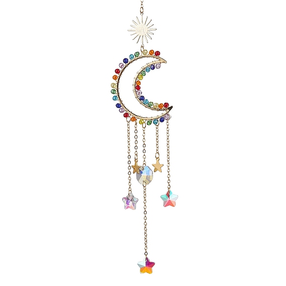 Glass Beads Wrapped Brass Moon Pendant Decooration, with Glass Star Charm for Hanging Suncatcher, Sun