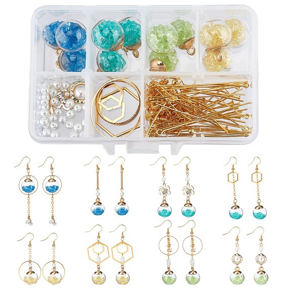 DIY Dangle Earring Making Kits, Including Glass Pendants, Brass Cable Chains & Linking Rings & Earring Hook & Jump Rings & Pins, Glass Pearl Beads and Alloy & Iron Link Connectors