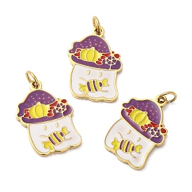 Halloween Ion Plating(IP) 304 Stainless Steel Pendants, with Enamel and Jump Ring, Golden, Ghost with Candy Charm