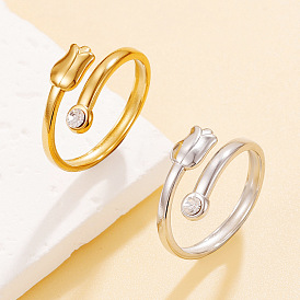 304 Stainless Steel Rhinestone Cuff Open Rings, Flower/Tulips