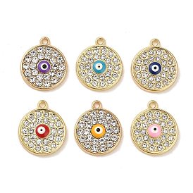 Golden Plated Alloy Enamel Pendants, with Rhinestone, Long-Lasting Plated, Flat Round with Evil Eye Charm