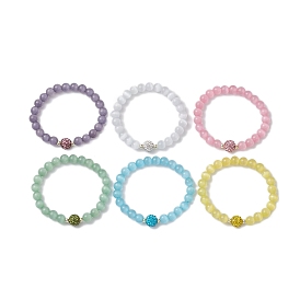 6 Pcs Cat Eye & Polymer Clay Stretch Bracelet Sets, Rhinestone Round Beaded