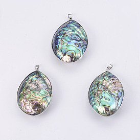Abalone Shell/Paua Shell Big Pendants, with Platinum Tone Brass Bail, Drop
