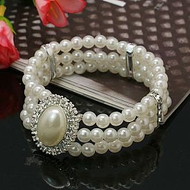 Cadeau pour Saint Valentin de bracelets de mariage petite amie acrylique perle, laiton strass perles et cabochons en strass alliage, élastique, 50mm
