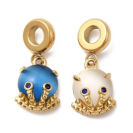 304 европейские подвески-шармы «кошачий глаз» из нержавеющей стали, подвески в виде осьминога с крупным отверстием и гагатовыми стразами, ионное покрытие (ip), золотые