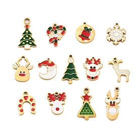 Ion Plating(IP) 304 Stainless Steel Pendants, Christmas Theme Enamel Charms, Golden, Christmas Tree/Deer/Bell/Snowflake