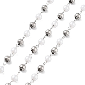 304 Stainless Steel Ball Chains, with ABS Imitation Pearl, with Spool, Soldered
